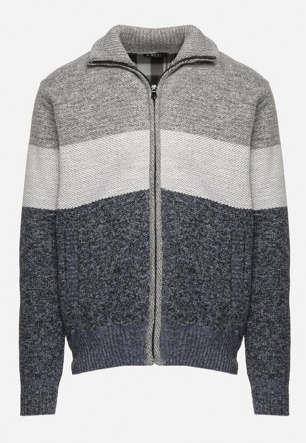 Born2be - Granatowy Rozpinany Kardigan z Wełną Ozdobiony Paskami z Wsuwanymi Kieszeniami Tinavella. Okazja: na co dzień. Kolor: niebieski. Materiał: wełna. Wzór: aplikacja. Styl: klasyczny, casual, elegancki