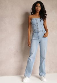 Renee - Niebieski Długi Kombinezon z Jeansu bez Ramiączek Ediekesa. Kolor: niebieski. Materiał: jeans. Długość rękawa: bez ramiączek. Długość: długie #3