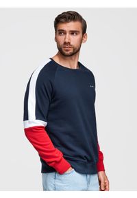 Ombre Clothing - Trójkolorowa męska dresowa bluza z raglanowymi rękawami – granatowa V2 - Rozmiar: M. Okazja: na co dzień. Kolor: niebieski. Materiał: dresówka. Długość rękawa: raglanowy rękaw. Wzór: nadruk. Styl: casual, sportowy