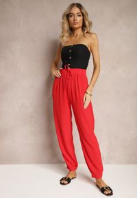 Renee - Czerwone Casualowe Spodnie High Waist Wykończone Gumką w Pasie Dimrue. Okazja: na co dzień. Stan: podwyższony. Kolor: czerwony. Styl: casual