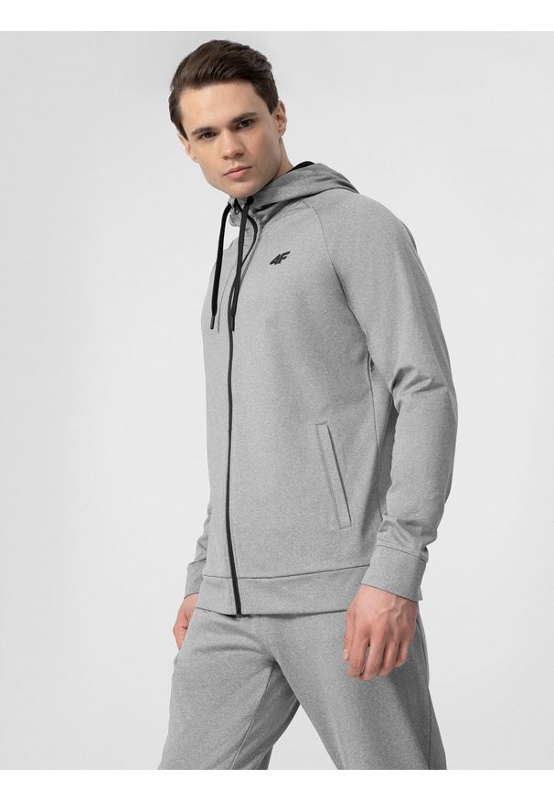 4f - Bluza treningowa rozpinana z kapturem męska. Typ kołnierza: kaptur. Kolor: szary. Długość rękawa: raglanowy rękaw. Sport: fitness