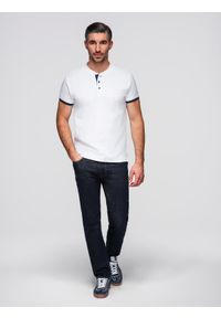 Ombre Clothing - Koszulka męska polo bez kołnierzyka - biała V1 - Rozmiar: XL. Typ kołnierza: polo, bez kołnierzyka. Kolor: biały. Materiał: bawełna. Długość: długie