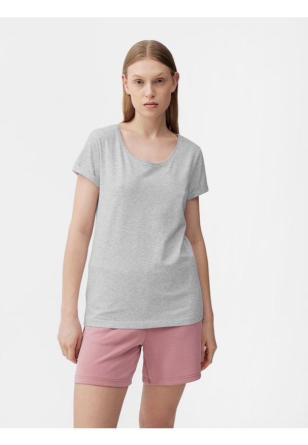 4f - T-shirt regular gładki damski. Kolor: szary. Materiał: bawełna, wiskoza. Wzór: gładki