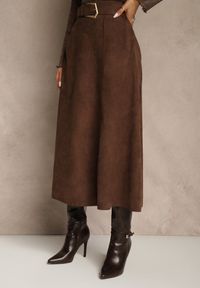 Renee - Brązowa Spódnica z Wiskozy z Bawełną z Imitacji Zamszu z Paskiem Oliweda. Okazja: na co dzień. Kolor: brązowy. Materiał: bawełna, wiskoza, zamsz. Styl: casual #2