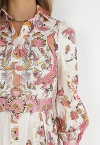 Born2be - Jasnobeżowa Koszulowa Sukienka z Paskiem Lorias. Kolor: beżowy. Materiał: tkanina, satyna. Wzór: nadruk. Typ sukienki: koszulowe. Długość: mini #3