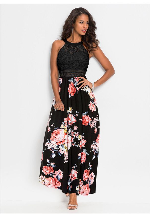 bonprix - Sukienka z dżerseju. Kolor: czarny. Materiał: jersey, koronka. Wzór: nadruk, aplikacja, kwiaty, koronka. Sezon: lato