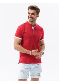 Ombre Clothing - T-shirt męski polo bez kołnierzyka - czerwony V2 - Rozmiar: S. Typ kołnierza: polo, bez kołnierzyka. Kolor: czerwony. Materiał: materiał, bawełna