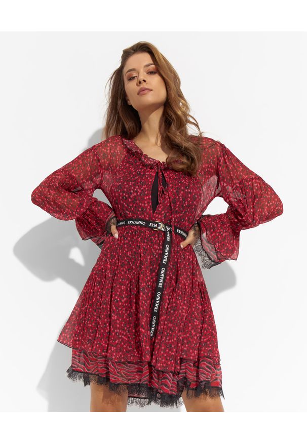 Ermanno Firenze - ERMANNO FIRENZE - Czerwona sukienka mini z wiskozy. Kolor: czerwony. Materiał: wiskoza. Długość rękawa: długi rękaw. Długość: mini