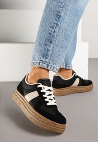 Renee - Czarne Sneakersy w Stylu Kultowych Tenisówek na Grubej Podeszwie Nanniris. Okazja: na co dzień. Zapięcie: sznurówki. Kolor: czarny. Materiał: jeans #3