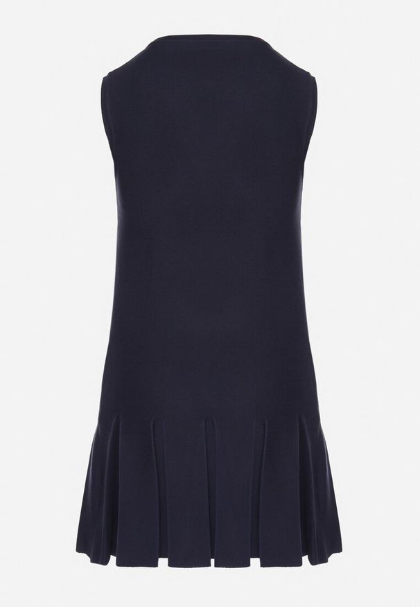 Born2be - Granatowa Dzianinowa Sukienka z Wiskozą Zdobiona Plisami i Imitacją Kieszeni Ravima. Kolor: niebieski. Materiał: wiskoza, dzianina. Wzór: aplikacja. Typ sukienki: trapezowe. Styl: klasyczny, elegancki