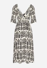 Born2be - Czarno-Kremowa Sukienka Wiskozowa Rozkloszowana z Odkrytymi Plecami w Print Boho Turaisa. Okazja: na co dzień. Typ kołnierza: dekolt w kształcie V. Kolor: czarny. Materiał: wiskoza. Długość rękawa: długi rękaw. Wzór: nadruk. Typ sukienki: proste, rozkloszowane. Styl: boho #2