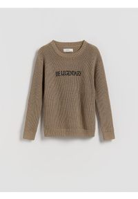Reserved - Bawełniany sweter z nadrukiem - beżowy. Kolor: beżowy. Materiał: bawełna. Wzór: nadruk