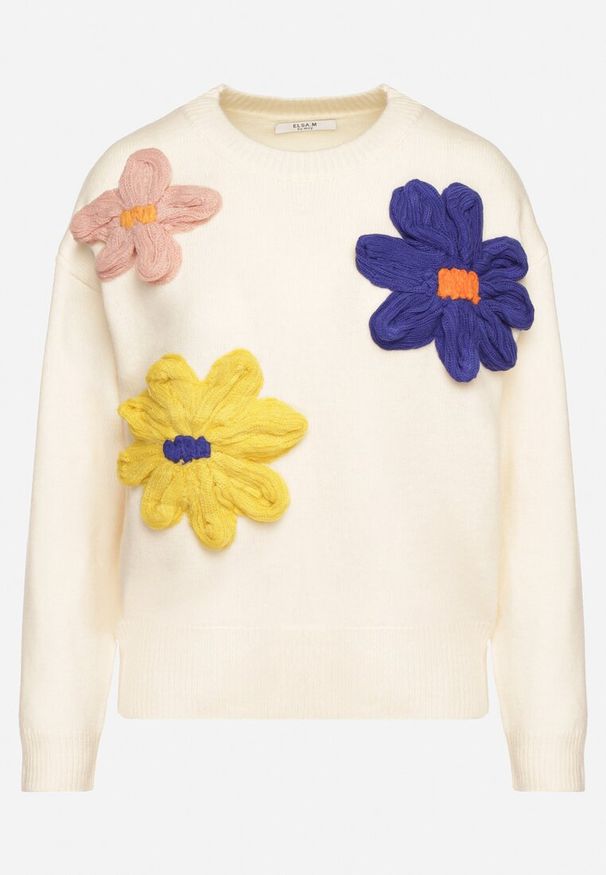 Born2be - Beżowy Sweter z Wiskozą Wykończony Aplikacjami Kwiatów 3D Morivia. Okazja: na co dzień. Kolor: beżowy. Materiał: wiskoza. Długość rękawa: długi rękaw. Długość: długie. Wzór: aplikacja, kwiaty. Styl: casual
