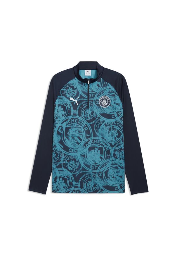 Puma - Męska koszulka na rozgrzewkę Manchester City z zamkiem 1/4 PUMA. Kolor: niebieski. Sport: bieganie