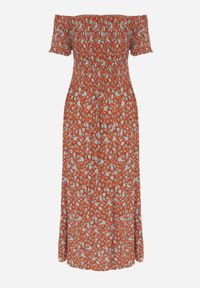 Born2be - Pomarańczowo-Niebieska Sukienka z Wiskozy Cheri. Typ kołnierza: dekolt hiszpanka. Kolor: pomarańczowy. Materiał: wiskoza. Wzór: kwiaty. Sezon: lato. Typ sukienki: rozkloszowane. Długość: maxi #7