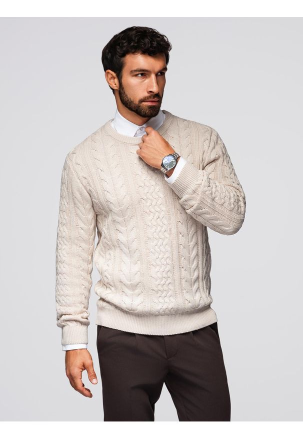 Ombre Clothing - Elegancki sweter męski z ciekawym splotem – ecru V1 - Rozmiar: XL. Okazja: na co dzień. Materiał: bawełna, akryl. Wzór: ze splotem. Styl: elegancki