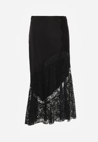 Renee - Czarna Satynowa Spódnica Ozdobiona Rozcięciem na Nogę i Koronką Saviraet. Kolor: czarny. Materiał: satyna, koronka. Wzór: aplikacja, koronka. Styl: elegancki #8