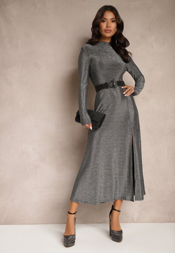 Renee - Srebrna Elegancka Sukienka z Wiskozą i Brokatem Werista. Kolor: srebrny. Materiał: wiskoza. Sezon: zima. Styl: elegancki