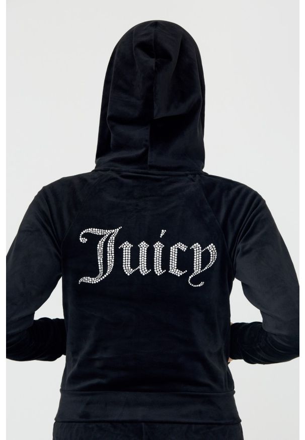 Juicy Couture - JUICY COUTURE Czarna damska bluza Madison, Rozmiar XS. Kolor: czarny. Materiał: poliester, welur, materiał. Wzór: aplikacja