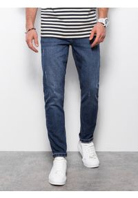 Ombre Clothing - Spodnie męskie jeansowe z przetarciami REGULAR FIT - ciemnoniebieskie V4 - Rozmiar: L. Kolor: niebieski. Materiał: jeans
