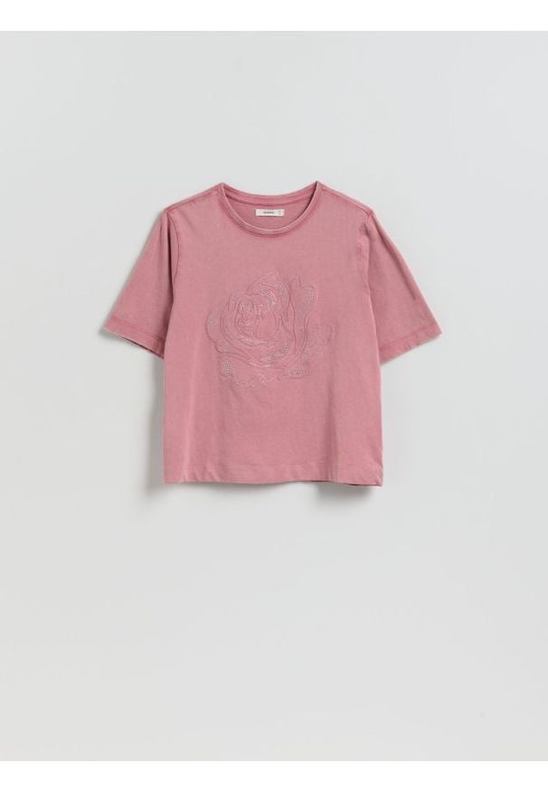 Reserved - T-shirt z połyskującymi aplikacjami - jasnofioletowy. Kolor: fioletowy. Materiał: dzianina, bawełna. Wzór: aplikacja