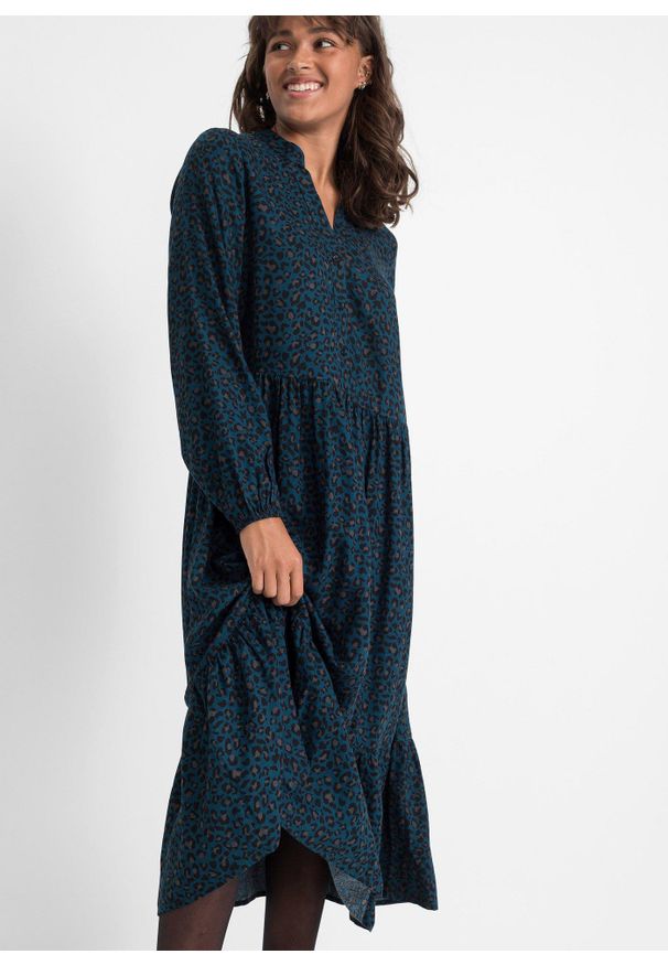 bonprix - Sukienka midi z wiskozy. Kolor: niebieski. Materiał: wiskoza. Wzór: motyw zwierzęcy. Typ sukienki: szmizjerki, koszulowe. Długość: midi, maxi