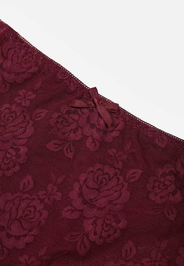 Renee - Bordowe Siateczkowe Majtki Figi High Waist z Koronkowymi Zdobieniami Heylih. Stan: podwyższony. Kolekcja: plus size. Kolor: czerwony. Materiał: koronka. Wzór: aplikacja