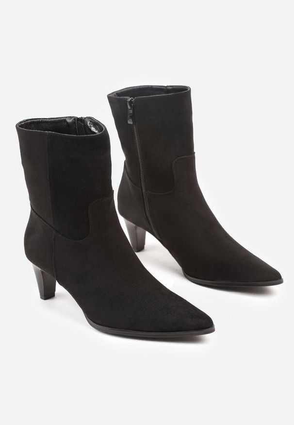 Born2be - Czarne Botki na Stożkowym Obcasie z Przeszyciami Apenelle. Okazja: na co dzień. Kolor: czarny. Materiał: jeans. Obcas: na obcasie. Styl: casual, elegancki. Wysokość obcasa: średni