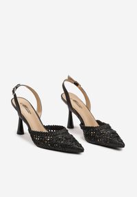 Renee - Czarne Sandały Slingback na Klepsydrowej Szpilce ze Szpiczastym Noskiem z Plecionki Ucemia. Nosek buta: szpiczasty. Kolor: czarny. Materiał: len. Sezon: lato. Obcas: na obcasie. Styl: elegancki, wizytowy. Wysokość obcasa: średni #2