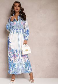 Renee - Biało-Niebieska Koszulowa Sukienka Maxi Oversize w Kwiatowy Wzór Amirsa. Kolor: biały. Wzór: kwiaty. Typ sukienki: koszulowe, oversize. Długość: maxi #3