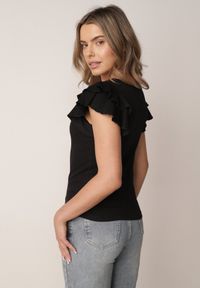 Born2be - Czarna Bawełniana Bluzka o Prostym Kroju z Krótkim Rękawem z Falbanek Himoni. Okazja: do pracy, na co dzień. Typ kołnierza: kołnierz z falbankami. Kolor: czarny. Materiał: bawełna. Długość rękawa: krótki rękaw. Długość: krótkie. Styl: elegancki, klasyczny, casual #3