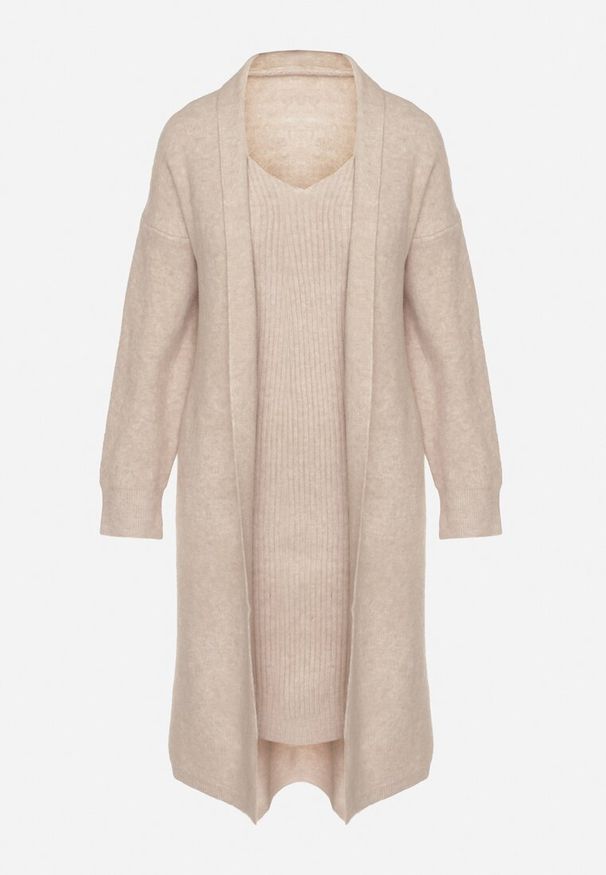 Born2be - Beżowy Komplet Dzianinowy z Wełną Długi Kardigan i Sukienka w Prążki Falandrea. Kolor: beżowy. Materiał: dzianina, wełna. Wzór: prążki