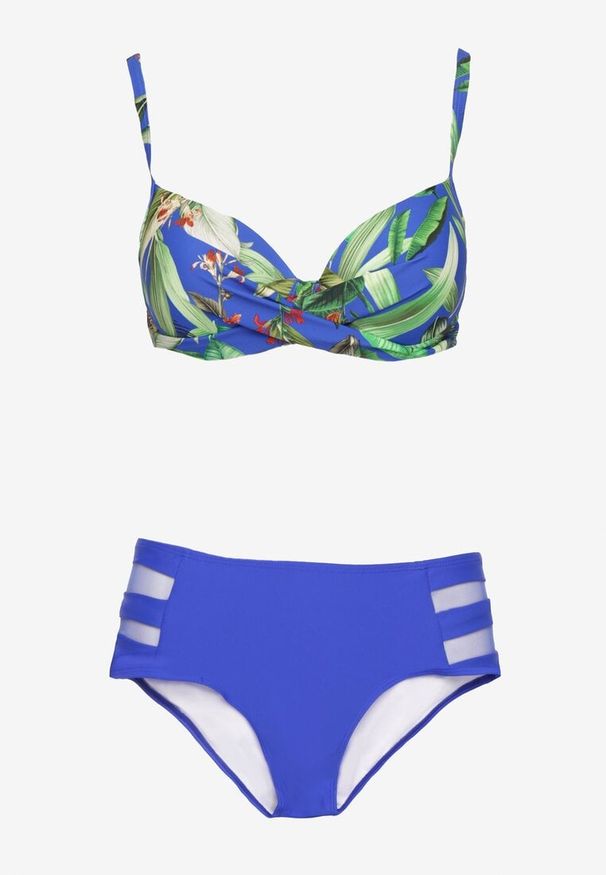 Born2be - Niebieskie Bikini Majtki Figi z Siateczkowymi Wstawkami i Biustonosz w Liście Kinella. Kolor: niebieski