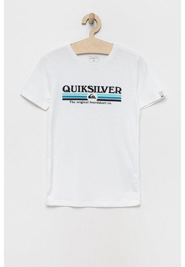 Quiksilver t-shirt bawełniany dziecięcy kolor biały z nadrukiem. Okazja: na co dzień. Kolor: biały. Materiał: bawełna. Wzór: nadruk. Styl: casual