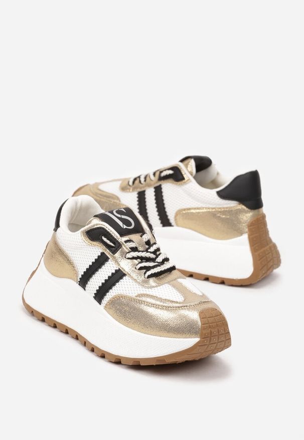 Born2be - Biało-Złote Sznurowane Sneakersy Vices na Grubej Podeszwie z Metaliczną Wstawką Nelenia. Okazja: na co dzień, do pracy. Kolor: biały. Materiał: jeans