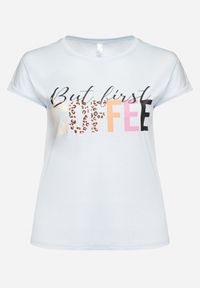 Born2be - Jasnoniebieski T-shirt z Napisem z Motywem Kawy Dimrrue. Kolor: niebieski. Materiał: tkanina. Wzór: napisy. Styl: elegancki #2