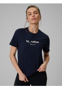 4f - 4F T-shirt loose z nadrukiem damski - granatowy XS. Okazja: na co dzień. Kolor: niebieski. Materiał: materiał, bawełna, dzianina. Wzór: nadruk. Styl: casual #1