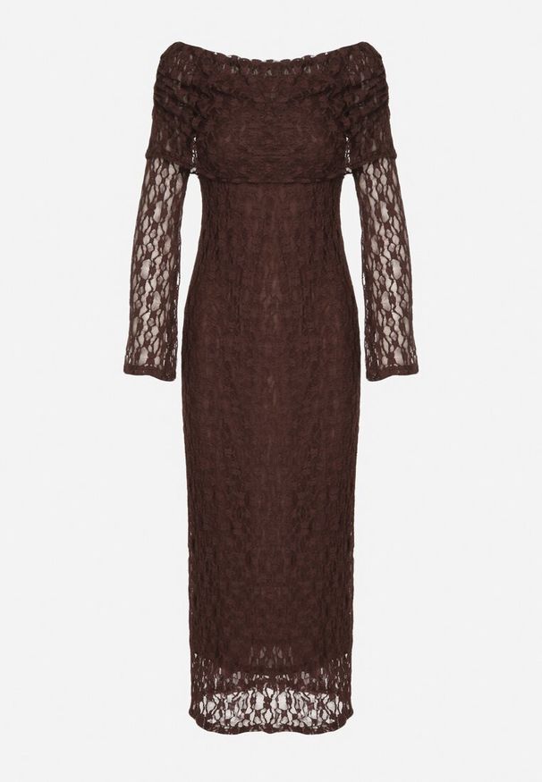 Born2be - Brązowa Koktajlowa Sukienka z Odkrytymi Ramionami z Koronki Eperrie. Kolor: brązowy. Materiał: koronka. Wzór: koronka. Typ sukienki: z odkrytymi ramionami. Styl: wizytowy