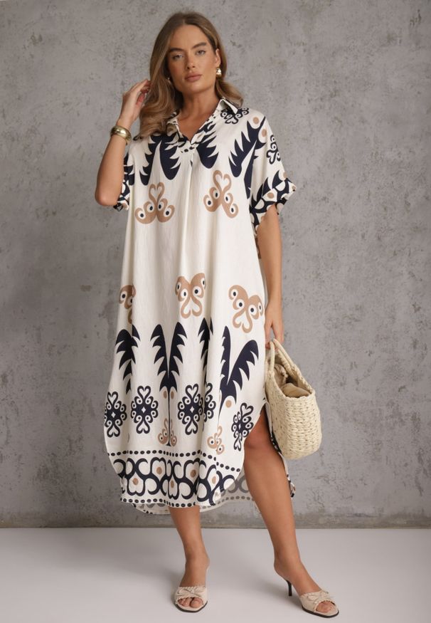 Renee - Granatowa Wiskozowa Sukienka o Kroju Oversize z Geometrycznym Printem Talon. Kolor: niebieski. Materiał: wiskoza. Wzór: nadruk, geometria. Sezon: lato. Typ sukienki: oversize. Styl: elegancki