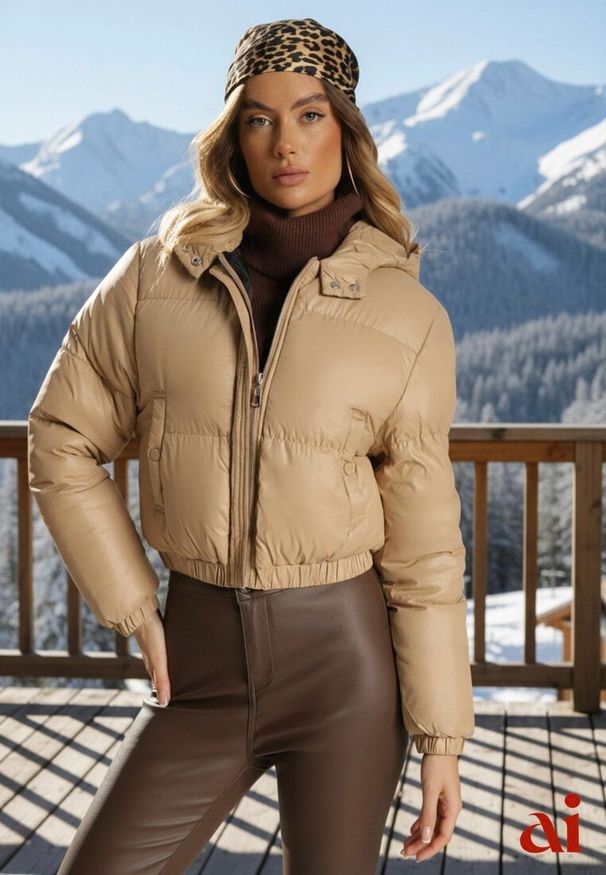 Renee - Ciemnobeżowa Pikowana Kurtka z Nieodpinanym Kapturem o Krótkim Kroju Tinneira. Okazja: na spacer. Kolor: beżowy. Materiał: jeans. Długość: krótkie. Styl: elegancki