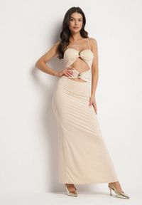 Born2be - Beżowa Sukienka Dopasowana na Ramiączkach z Wycięciami pod Biustem i Metalowymi Detalami Galentia. Okazja: na co dzień. Kolor: beżowy. Długość rękawa: na ramiączkach. Styl: klasyczny, casual #1