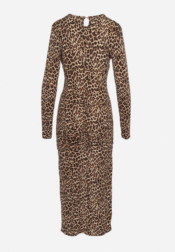 Born2be - Brązowa Dopasowana Sukienka w Panterkę Zdobiona Cyrkoniami Nallines. Okazja: na co dzień. Kolor: brązowy. Długość rękawa: długi rękaw. Wzór: motyw zwierzęcy, aplikacja. Typ sukienki: dopasowane. Styl: casual, elegancki