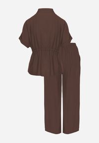 Renee - Ciemnobeżowy Komplet z Wiskozy Spodnie Wide Leg i Bluzka ze Ściągaczem w Talii Daemnell. Kolor: beżowy. Materiał: wiskoza #6