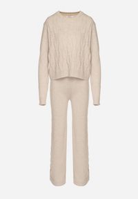 Born2be - Jasnobeżowy Komplet z Wełną i Bawełną Sweter ze Splotem i Szerokie Spodnie Reinettia. Kolor: beżowy. Materiał: wełna, bawełna. Wzór: ze splotem #2