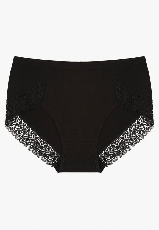 Renee - Czarne Bawełniane Majtki Figi Zdobione Koronką Idilene. Kolekcja: plus size. Kolor: czarny. Materiał: koronka, bawełna. Wzór: koronka, aplikacja