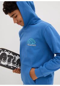 bonprix - Bluza z kapturem i nadrukiem na plecach z czystej bawełny organicznej. Typ kołnierza: kaptur. Kolor: niebieski. Materiał: bawełna. Wzór: nadruk #3