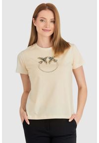 Pinko - PINKO Beżowy t-shirt damski z logo z cekinów, Rozmiar L. Kolor: beżowy. Materiał: prążkowany