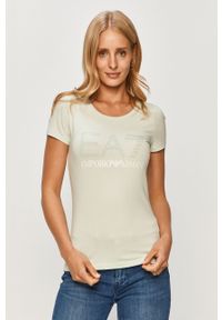 EA7 Emporio Armani - T-shirt. Okazja: na co dzień. Kolor: zielony. Materiał: bawełna, dzianina, elastan. Wzór: nadruk. Styl: casual #1