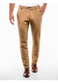 Ombre Clothing - Spodnie męskie chino P832 - rude - XL. Kolor: brązowy. Materiał: tkanina, elastan, poliester, wiskoza. Styl: klasyczny, elegancki