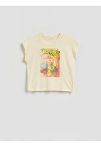 Reserved - T-shirt z raglanowym rękawem - kremowy. Kolor: kremowy. Materiał: dzianina, bawełna. Długość rękawa: raglanowy rękaw